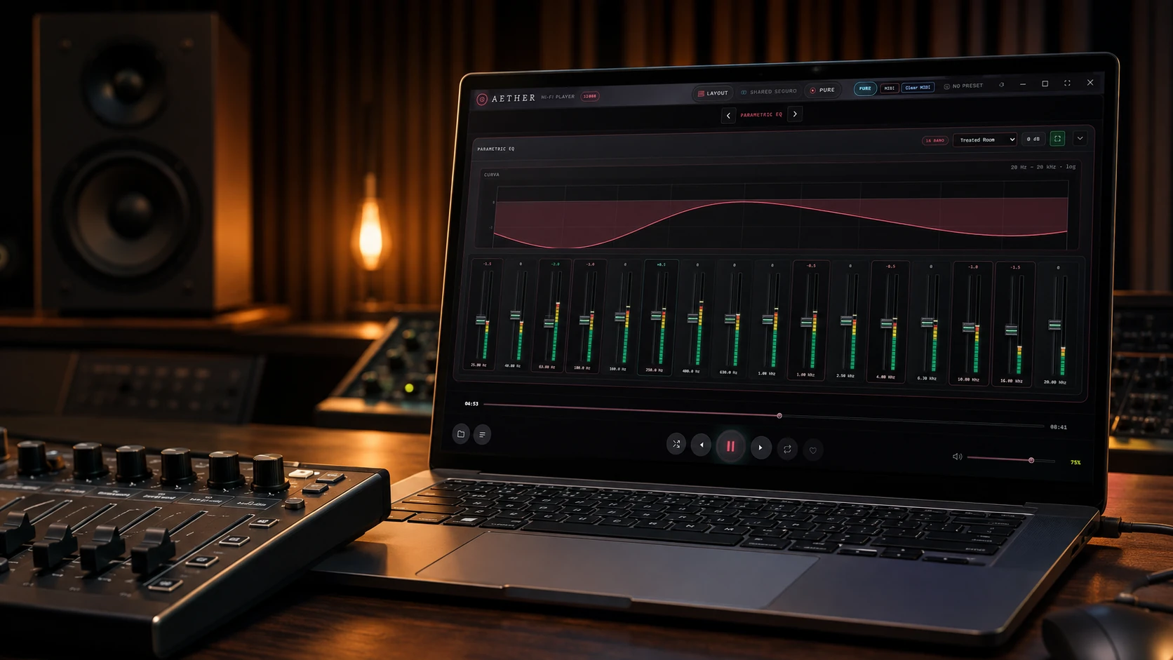 AETHER parametric EQ on a notebook beside a MIDI controller in a professional studio