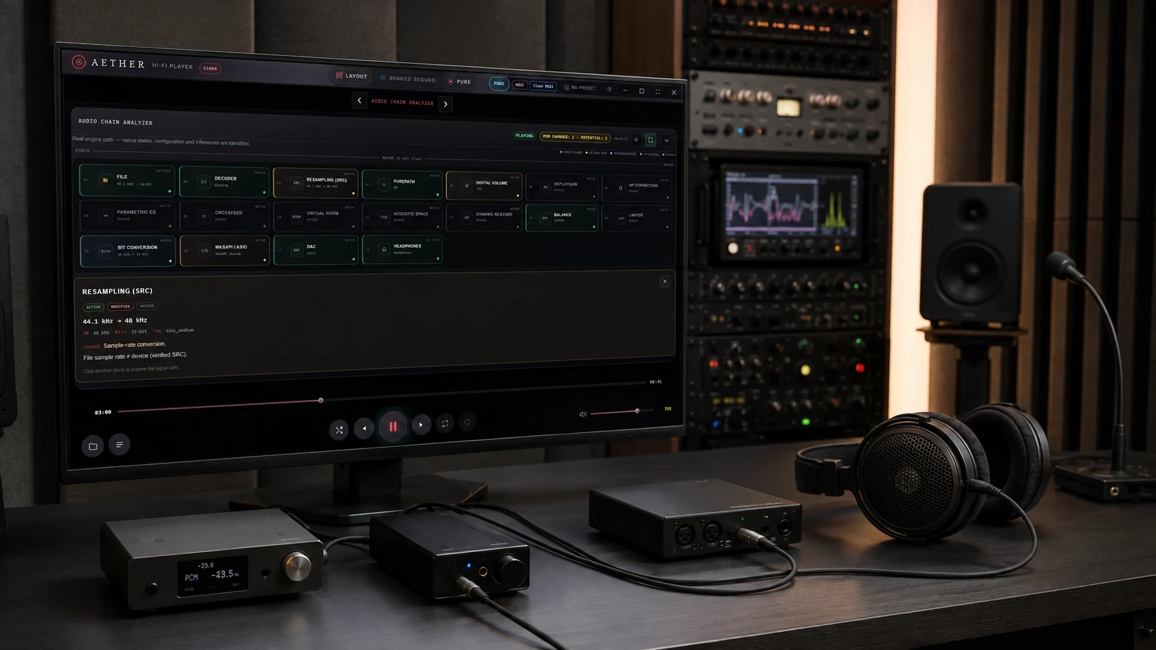 AETHER Audio Chain Analyzer in a professional desktop audio measurement room