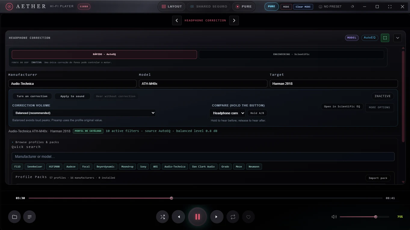 AETHER headphone correction workspace with local profile selection