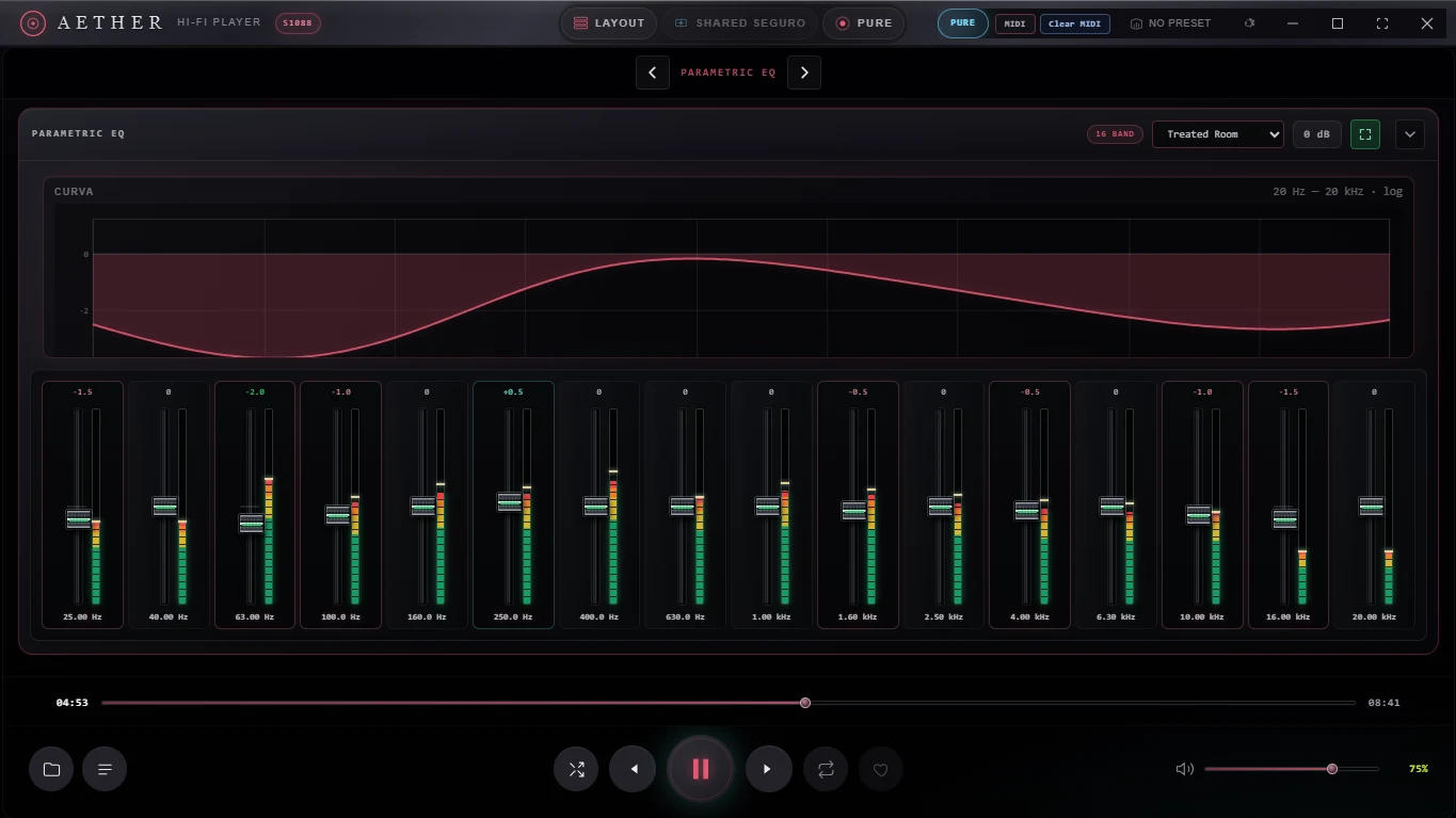 AETHER sixteen-band parametric equalizer with faders, response curve and meters